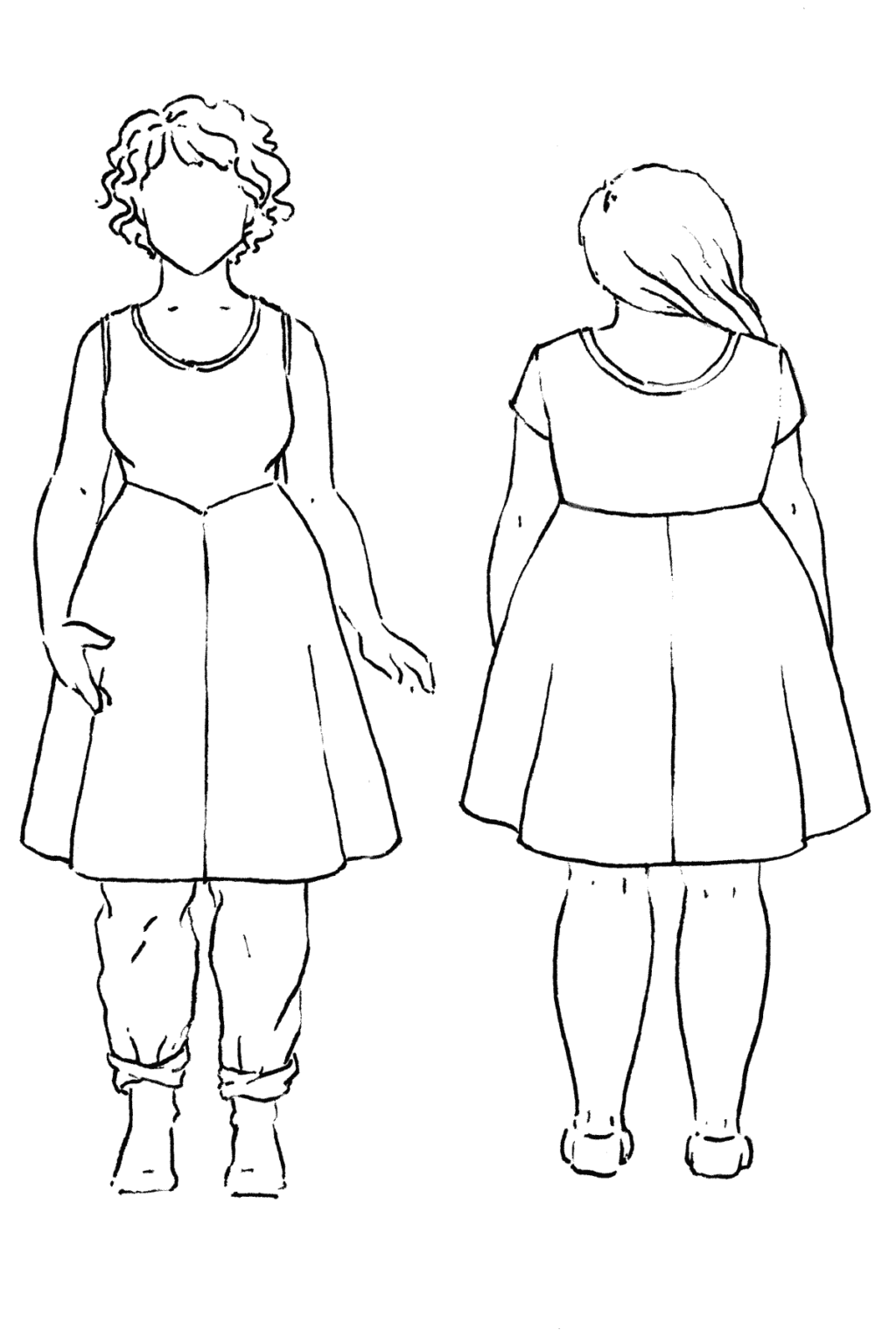 Croquis drawings of the front and back of the Stasia Dress