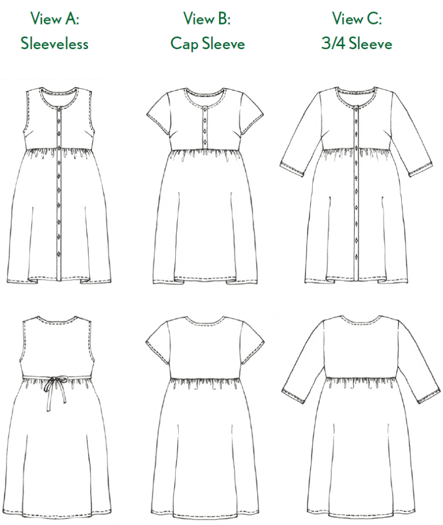 Line drawings of the Hinterland Dress sewing pattern, front and back, with sleeve options.