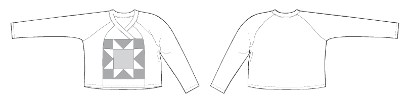 A line drawing of the front and back of the Nest Sweatshirt, View A, which has a quilt block on the front.