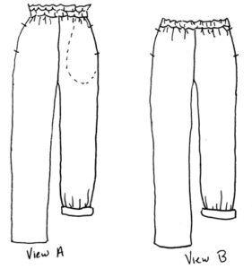 Line drawing of high-waisted, paper-bag style waistband of View A vs the lower waisted View B of the Nocturne Pants pattern