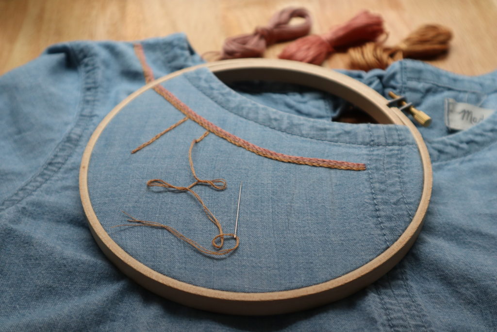 a denim shirt with an embroidery hoop place near the collar and chain stitching in progress in pink, gold, and mauve. 