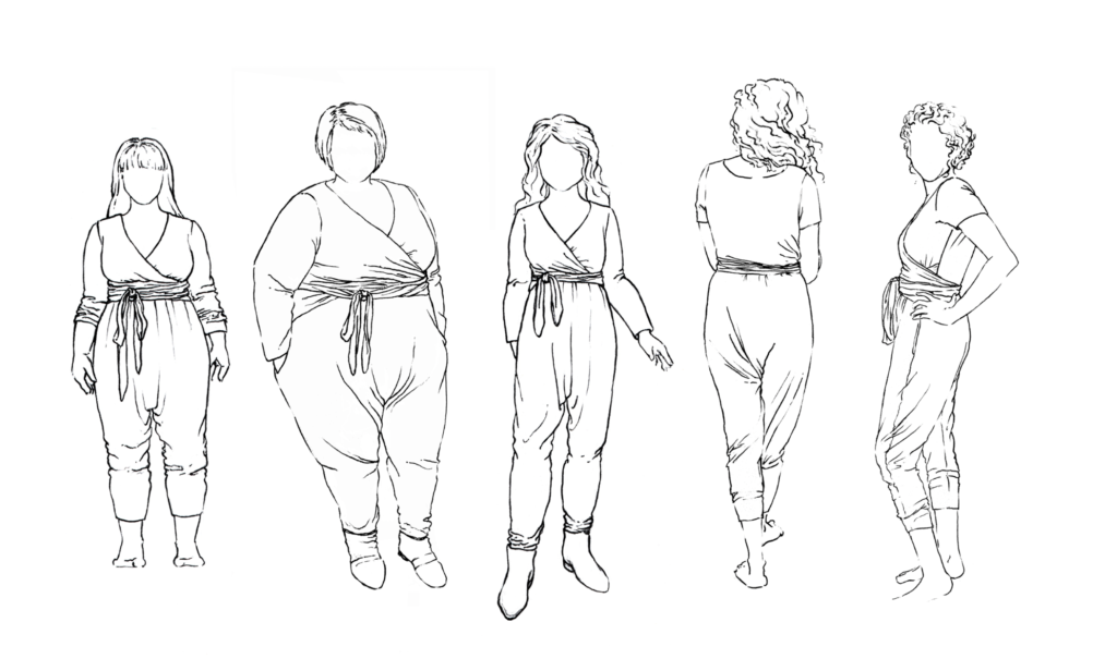 5 figures wearing styled versions of the Talam Jumpsuit sewing pattern