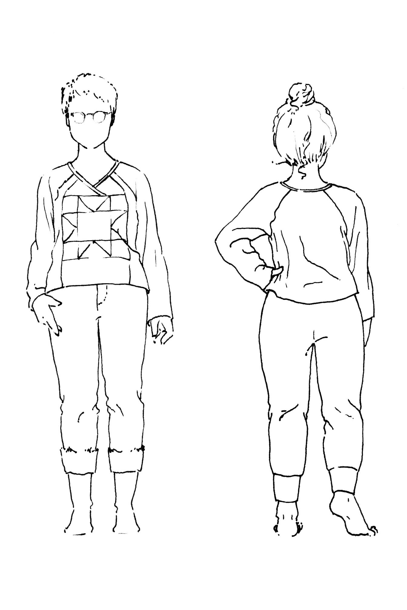 Croquis drawings of the front and back of the nest sweatshirt