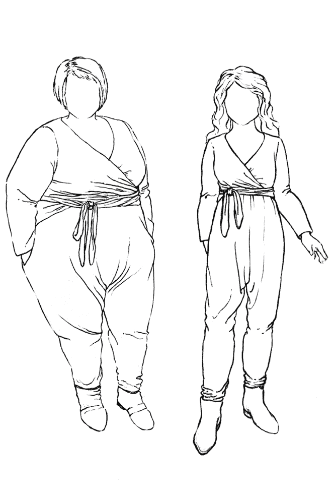 2 figures wearing styled versions of the Talam Jumpsuit sewing pattern