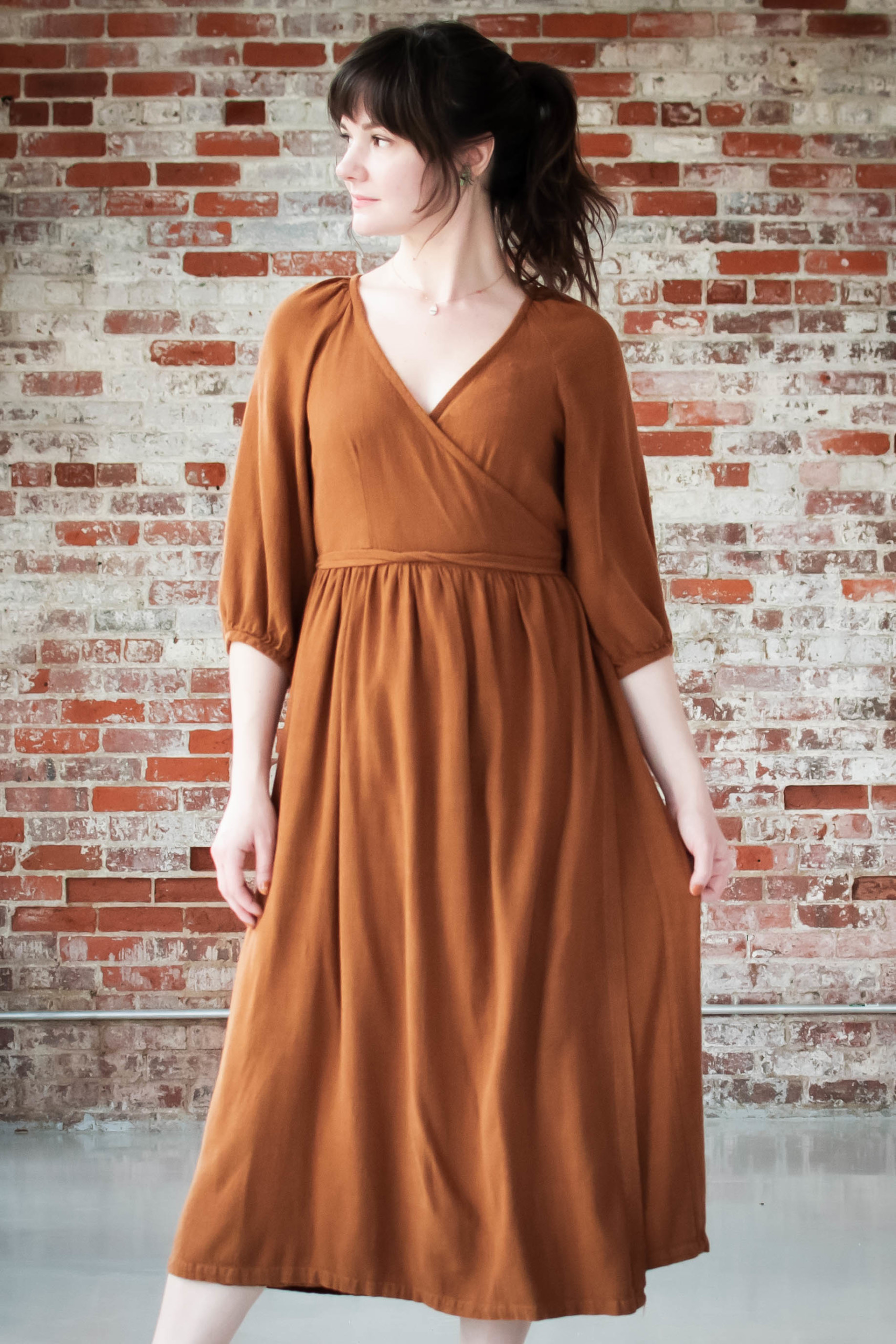 Meredith wearing the wrap-front Hinterland Dress hack