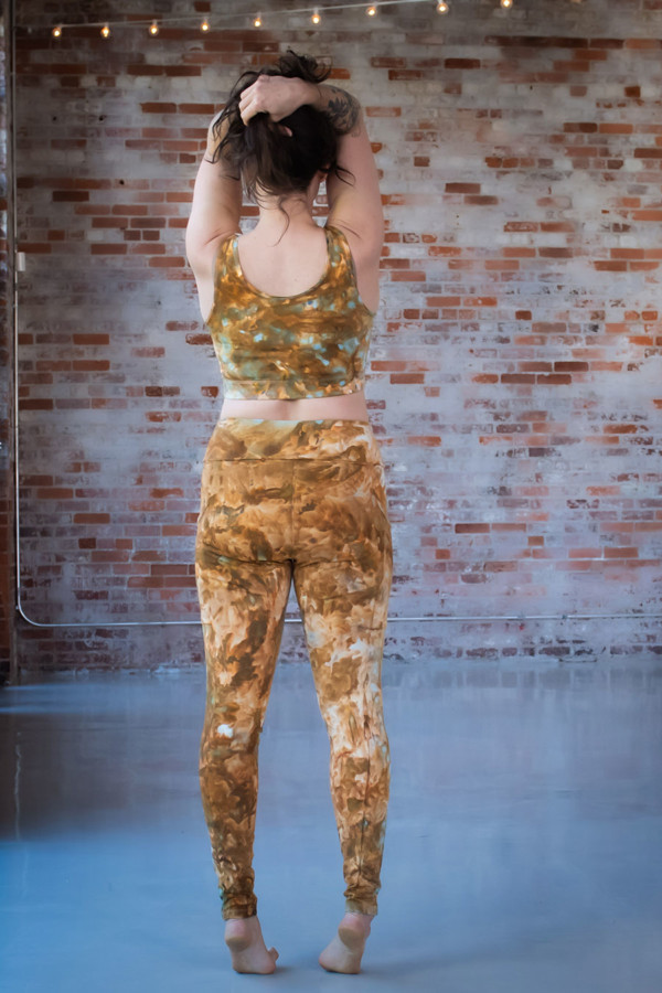 Back view of Meg's copper ice dyed Limestone Leggings and Top