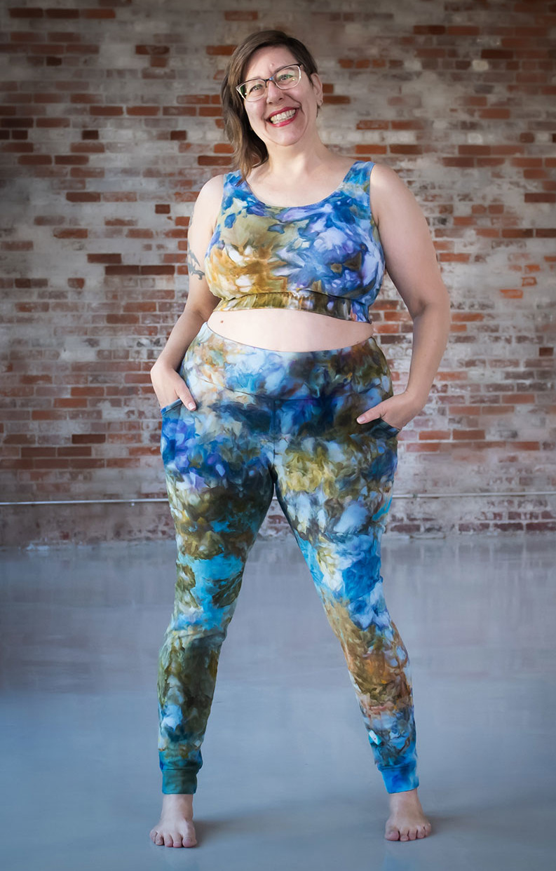 Shaerie wears a blue green ice dyed knit Limestone leggings and top set