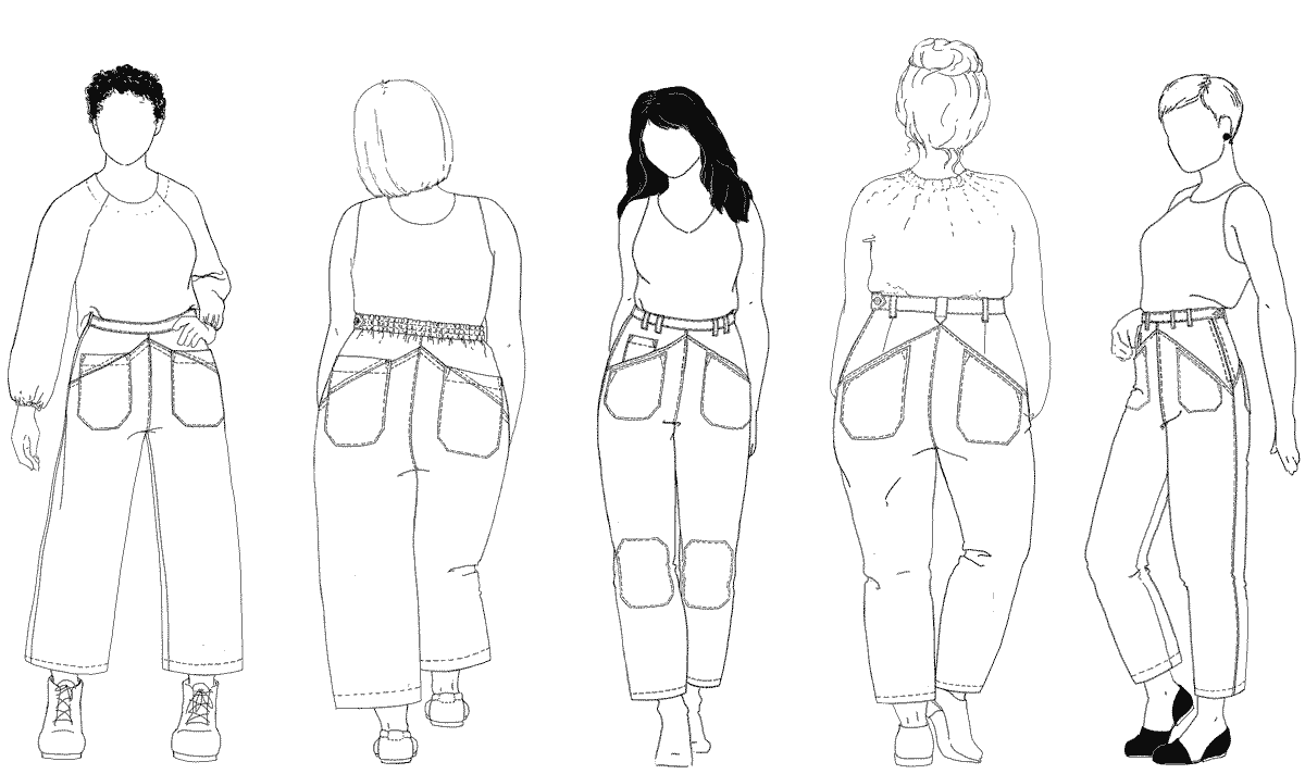 Croquis drawing of five bodies wearing the cosecha pants 