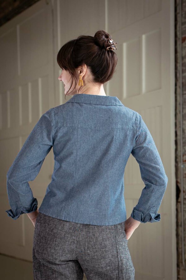 Meredith wearing a chambray joanie top