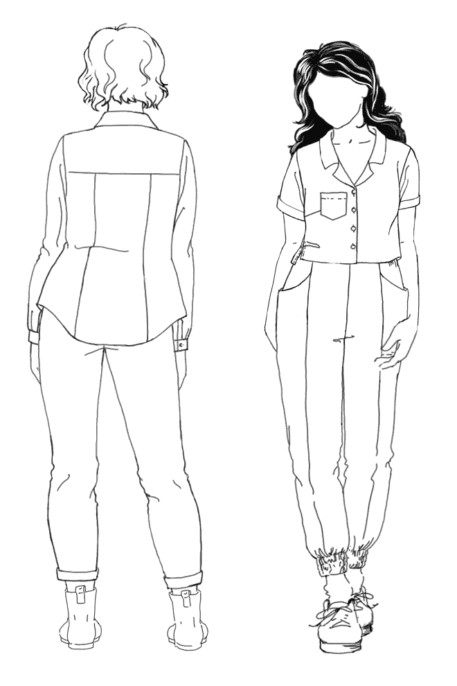 Two croquis figures wearing Joanie Tops