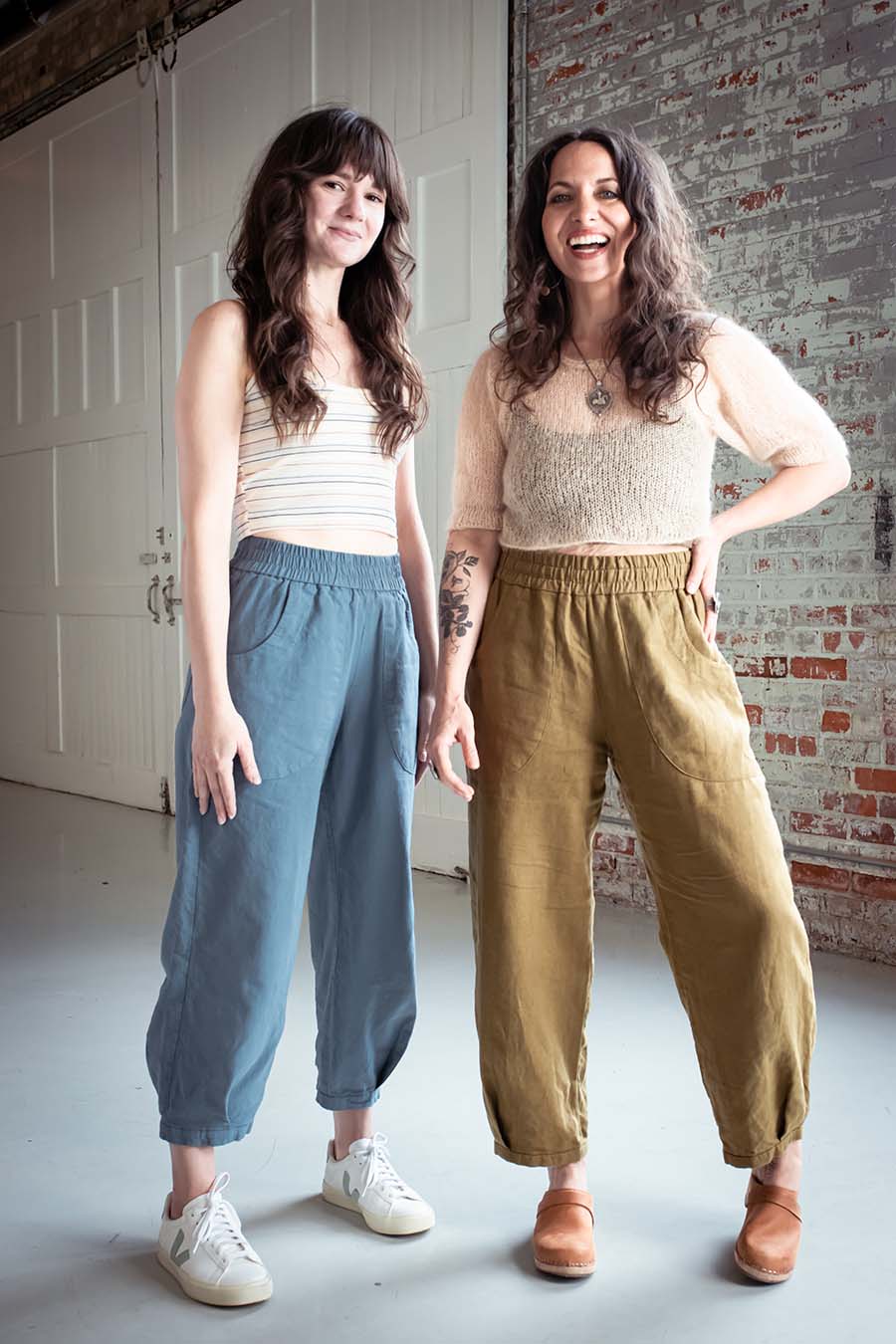 Meg wears olive chanterelle pants and Meredith wears blue ones