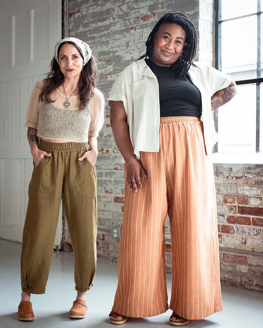 Meg and Ashley wearing view b and view a chanterelle pants