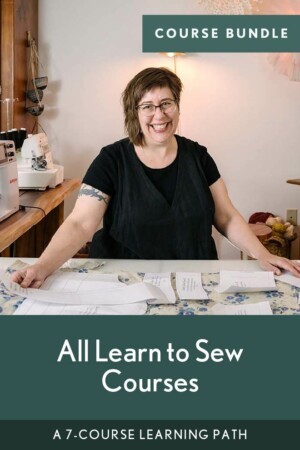 a graphic that says "all learn to sew courses" in light blue on a teal background with a picture of Shaerie